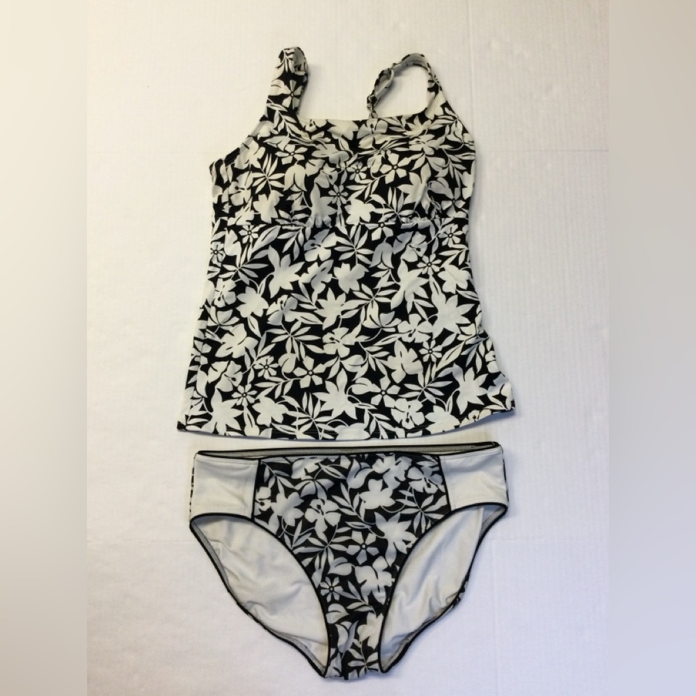Lands End swimsuit‎ Size 14 (Special Mast Suit) 2 Pc Black & White Floral